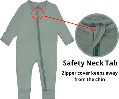 GUISBY Baby Pajamas with Mitten Cuffs - 3Pcs Girls Boys 2 Way Zipper Long Sleeve Rayon Sleepers