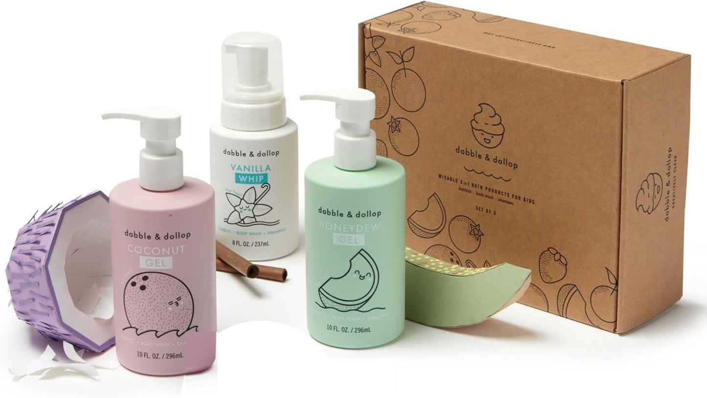 Dabble & Dollop Beachy Bundle, Natural Bubble Bath, Body Wash, Shampoo for Kids, USA-Made, Paraben