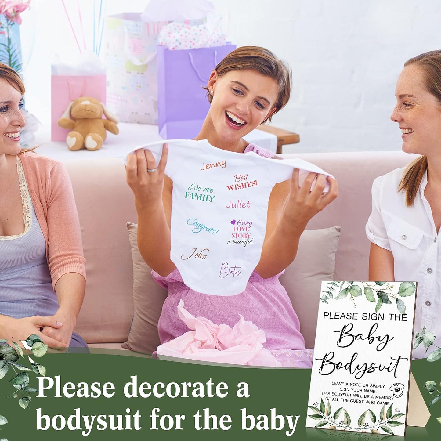 Qunclay 12 Pcs Baby Bodysuit Baby Shower Game Include 1 Game Wooden Sign Tabletop Decor 1 White Blank Newborn Bodysuit 10 Fabric Marker for Gender Reveal Party(Greenery)