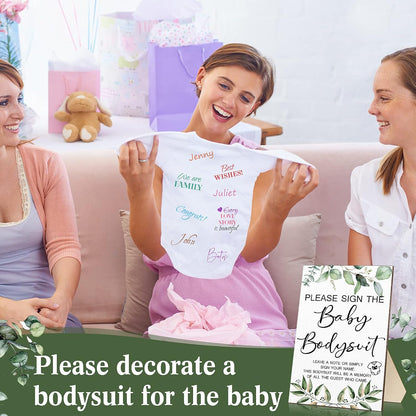 Qunclay 12 Pcs Baby Bodysuit Baby Shower Game Include 1 Game Wooden Sign Tabletop Decor 1 White Blank Newborn Bodysuit 10 Fabric Marker for Gender Reveal Party(Greenery)