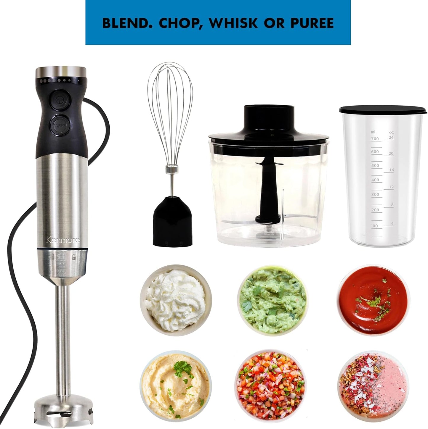 Kenmore Immersion Blender - Handheld Stick Mixer For Kitchen, Food Chopper, Whisk, Smoothie
