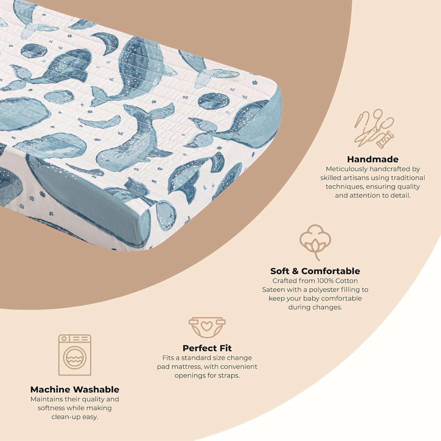 Crane Baby Quilted Changing Pad Cover with Animal Print, Breathable Cotton Sateen, Fits Standard 16?�X32??Pads, Ocean Whale Blue