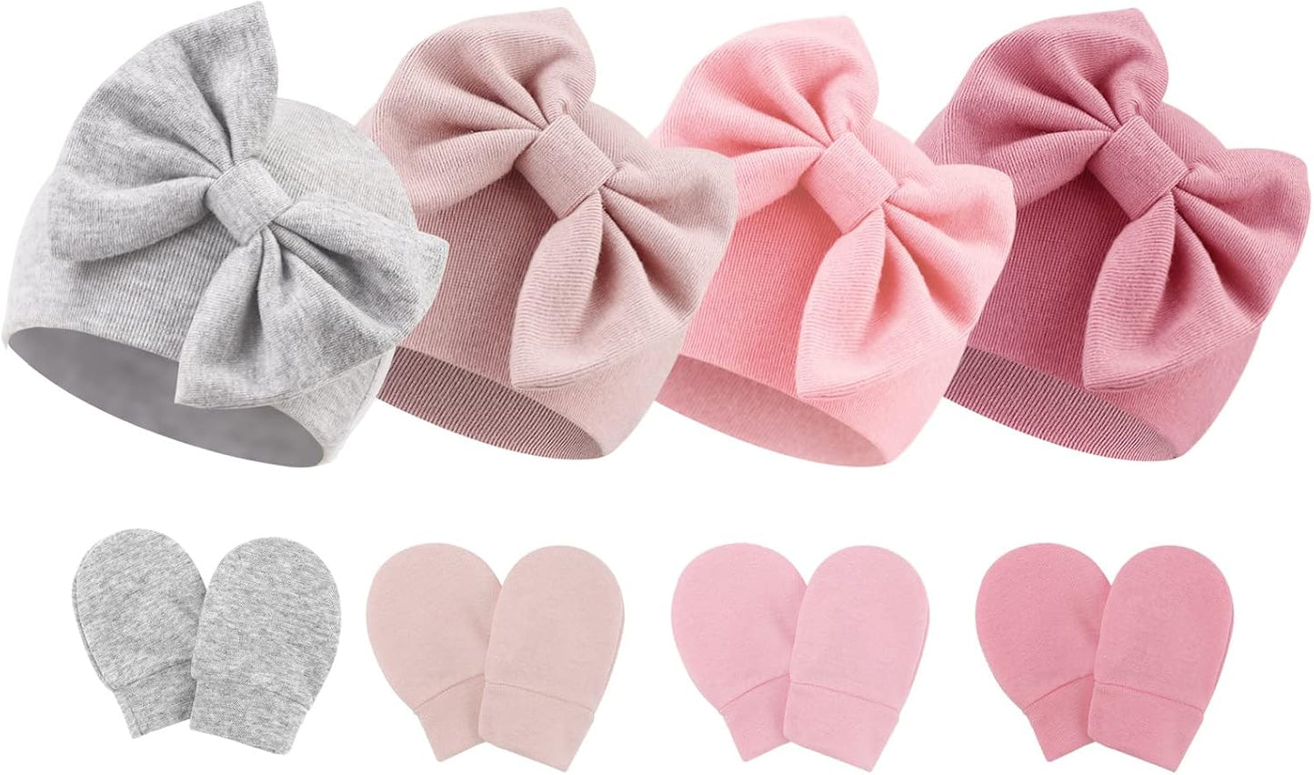 BQUBO Newborn Baby Hats Mittens Set Hospital Hat Beanie Infant Bow Hats Baby Gloves No Scratch Mittens for 0-6 Months