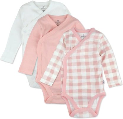 HonestBaby unisex-baby 3-pack Long Sleeve Side-snap Kimono Bodysuits Organic Cotton for Infant Baby Boys, Girls, Unisex