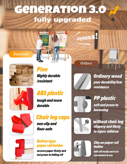 JOYOOSS Kids Wooden Easel with Paper Roll - Adjustable Magnetic Double Sided Drawing Board