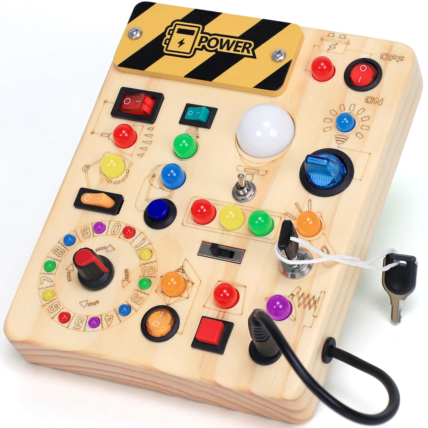 Busy Board with LED Light Switches, Montessori Toys for 1 2 3 Years Old, Toddlers Wooden Toy