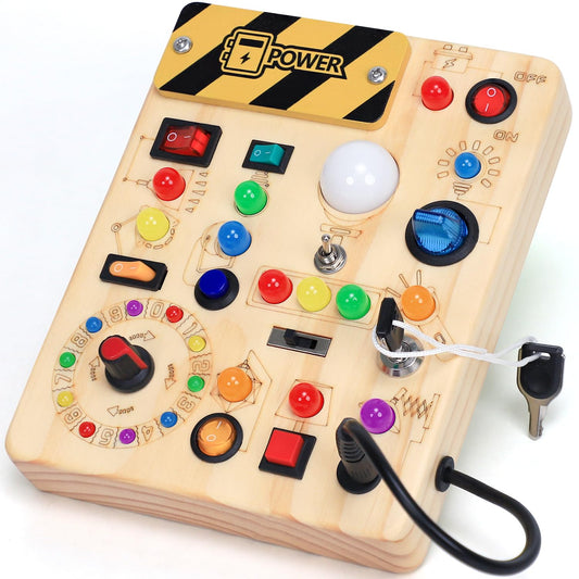 Busy Board with LED Light Switches, Montessori Toys for 1 2 3 Years Old, Toddlers Wooden Toy
