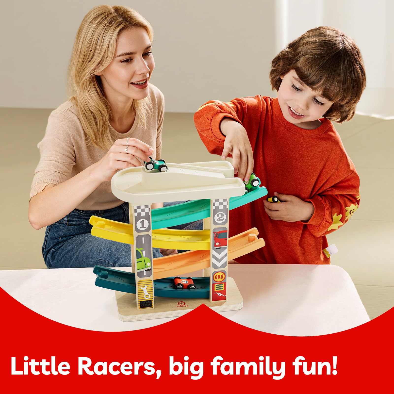 TOP BRIGHT Toddler Toys for 2 Year Old Boy, Wooden Car Ramp Race Track Set