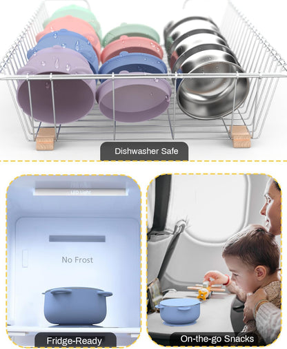 Baby Suction Bowls with Lids 4-Pack, 2-in-1 Stainless Steel 304 Toddler Bowl & Removable Silicone Suction Kids Bowl Plate Set Non Toxic Snack Dishes for Self-Feeding, Unicorn Magic Set