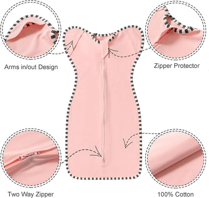Transition Swaddle, 2 Pack 100% Cotton Baby Sleep Sack, 2-Way Zipper Infant Arm Up Swaddle for Newborn Baby Boys Girls (Pink + Beige, L(6-9 Months))