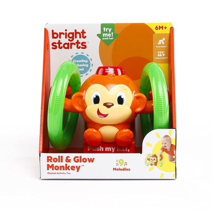 Bright Starts Roll & Glow Monkey Crawling Baby Toy with Lights and Sounds, Tummy Time Toy, 6 Months