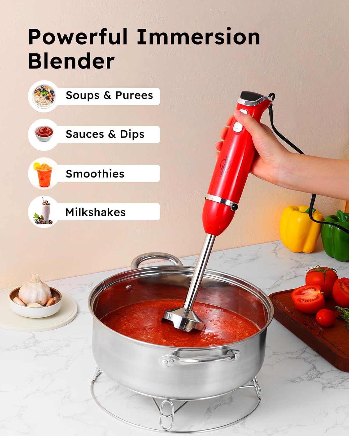 Sangcon Immersion Blender Handheld, 3-in-1 Hand Blender Electric, 400W Handheld Blender, Stainless