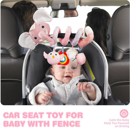 Jollybaby Baby Car Seat Stroller Toys, Plush Activity Hanging Spiral Activity Pram Crib with Music Box, Rattles, Squeaker for Babies Infant Boys Girls(SZ Pink Elephant)