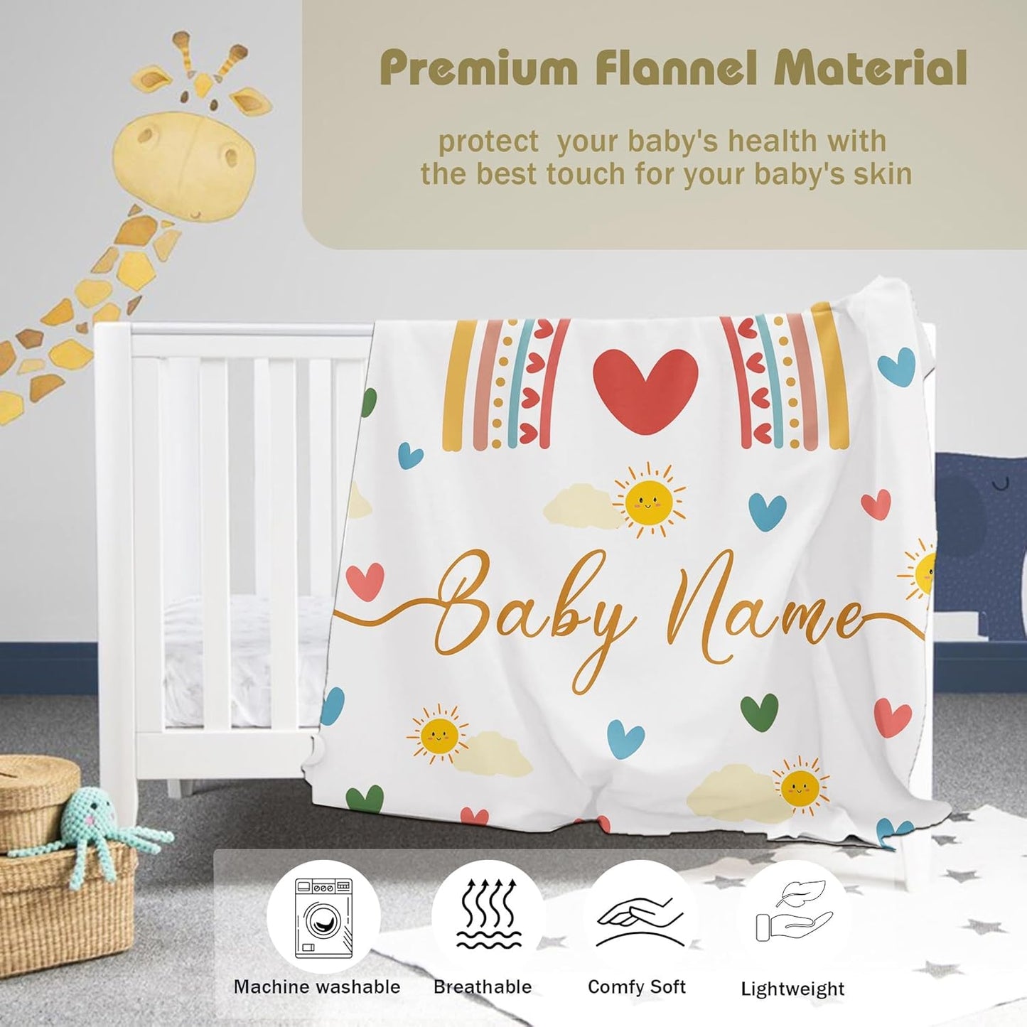 Personalized Baby Name Blanket for Girl Gifts for Baby Shower Christmas Birthday Custom Blanket with Boho Style Rainbow Customized Gifts for Newborn New Baby