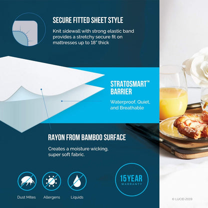 LUCID Premium Rayon from Bamboo Jersey Mattress Protector | California King Size Waterproof Mattress Protector | Ultra Soft, Fitted Sheet Style, White
