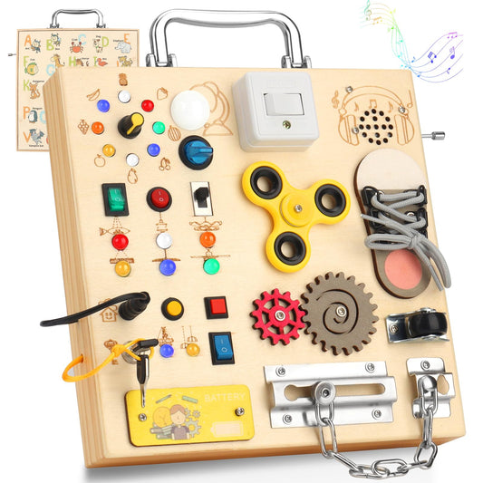 AMGAMGTS Wooden Montessori Busy Board with 17 LED Lights for Toddlers