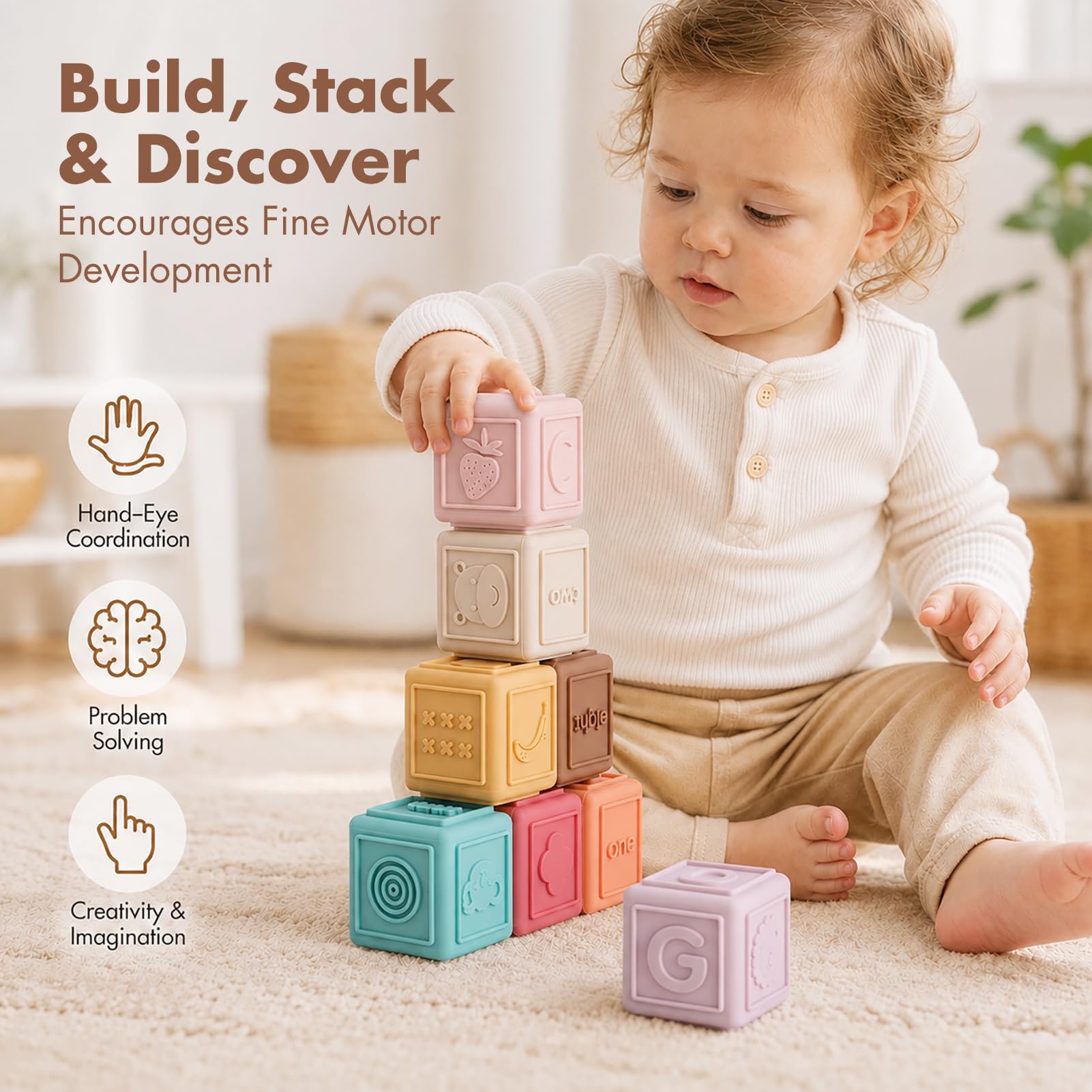YIVEKO Baby Blocks Stacking for Babies Silicone Soft Building Blocks Teethers Montessori Toys for