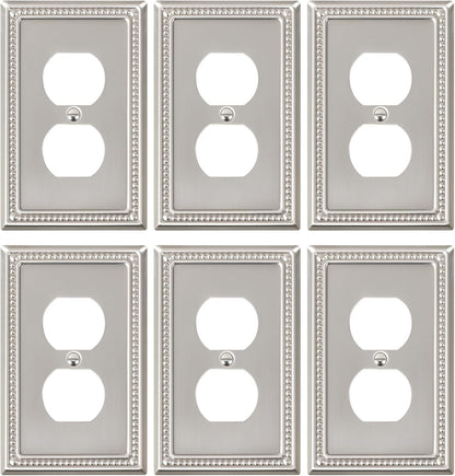 6-Pack Duplex Outlet Cover Plate, Metal Wall Plates for Electrical Outlets, Brushed Nickel 1 Gang Receptacle Cover, Pearls Decorative Switch Plates and Outlet Covers