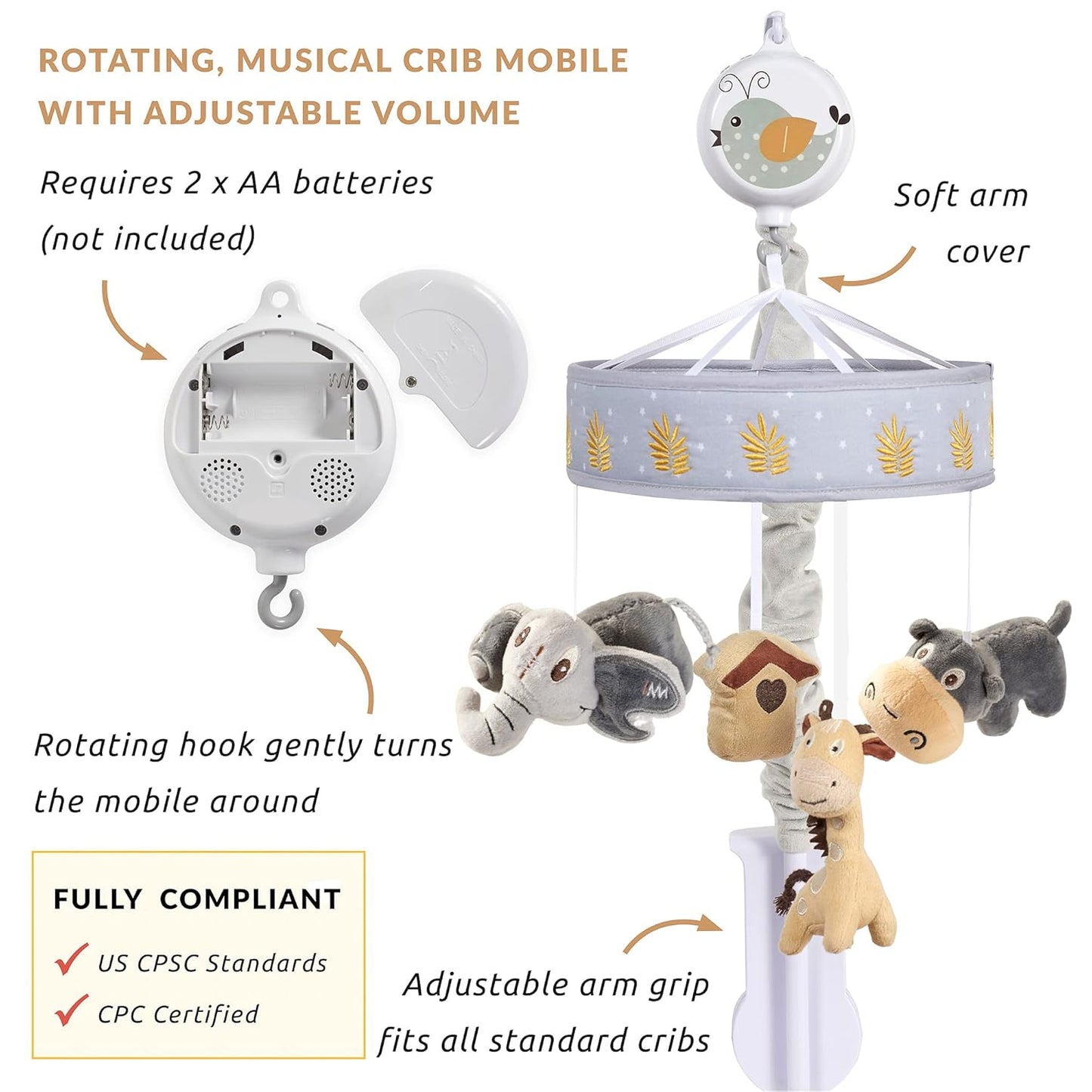 Musical Baby Crib Mobile - Jungle Animal Safari Theme Baby Mobile for Crib, Baby Soother, Baby Toys, Crib Toys Animals, Gray, Tan,