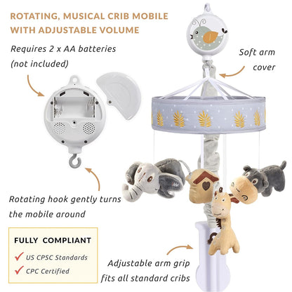 Musical Baby Crib Mobile - Jungle Animal Safari Theme Baby Mobile for Crib, Baby Soother, Baby Toys, Crib Toys Animals, Gray, Tan,