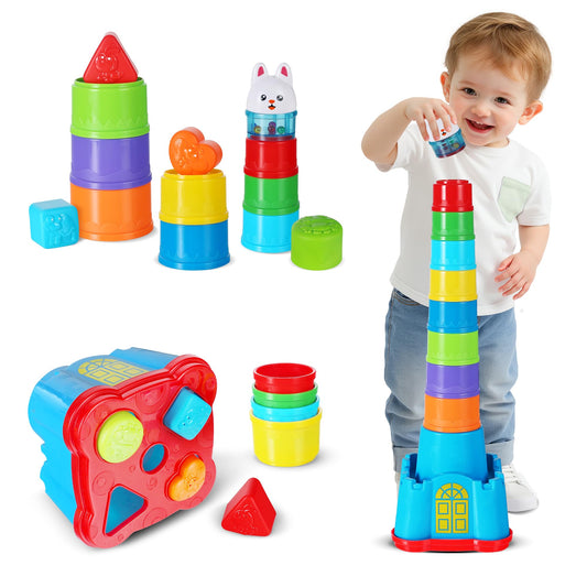 iPlay, iLearn Baby Stacking Cup Toy, Toddler Stackable Block w/Shape Sorter