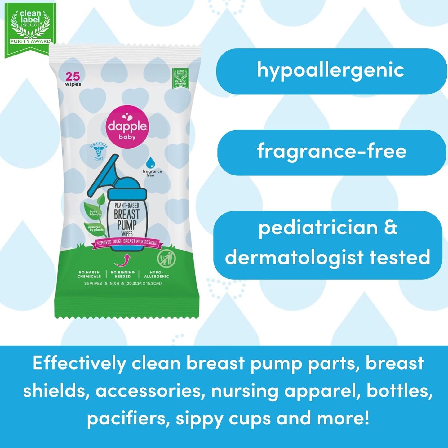 Dapple Baby Breast Pump Wipes, Powered by Plants, Hypoallergenic, Removes Milk Residue, No Rinse