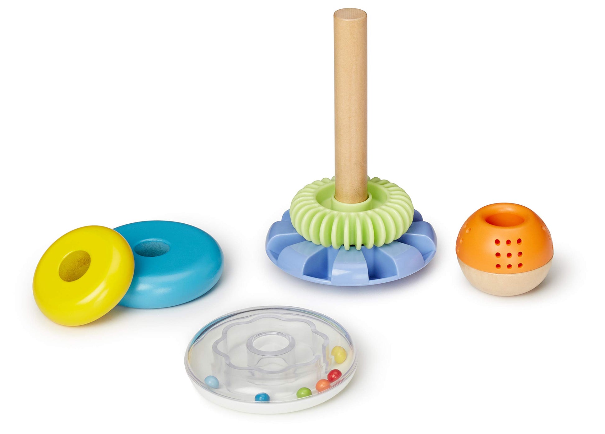 Amazon Basics Wooden Shape Sorter and Rainbow Stacker Classic Baby Toy Set-Sorting Play for Infants