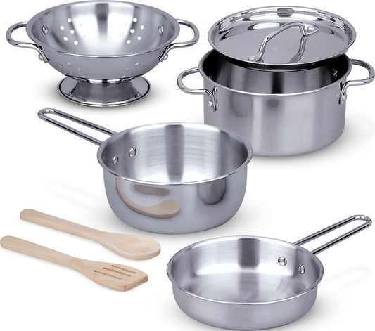 Melissa & Doug Stainless Steel Pots & Pans, 8 Piece Play Kitchen Set, Premium Play Kitchen
