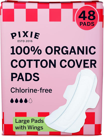 Pixie Organic Cotton Large Pads for Women - Extra Heavy Absorbency with Wings - Leak-Proof, Hypoallergenic & Unscented - Compostable, Biodegradable - 48 Count