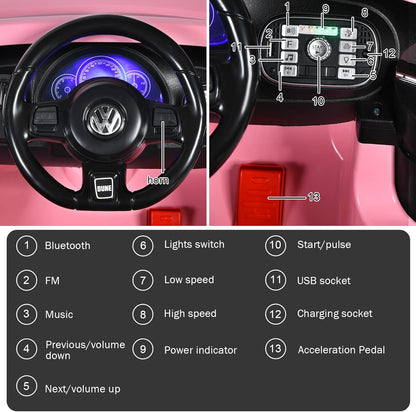 Costzon Ride on Car, 12V Licensed Volkswagen Beetle Battery Powered Vehicle w/Remote Control, Spring Suspension, Lights, USB, Horn, Music, 4 Wheeler for Boy Girl Gift, Electric Car for Kids, Pink