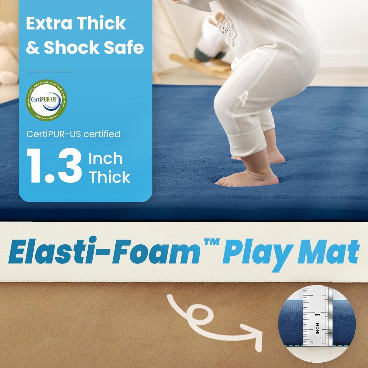 1.3" Thick Baby Play Mat,Ultra Soft Elasti-Foam 50×50 Playpen Mat for Tummy Time,Water-Repellent Coral Fleece Nursery Rug for Infants,Toddlers,Kids,Non-Slip Safe for Crawling(Royal Blue)