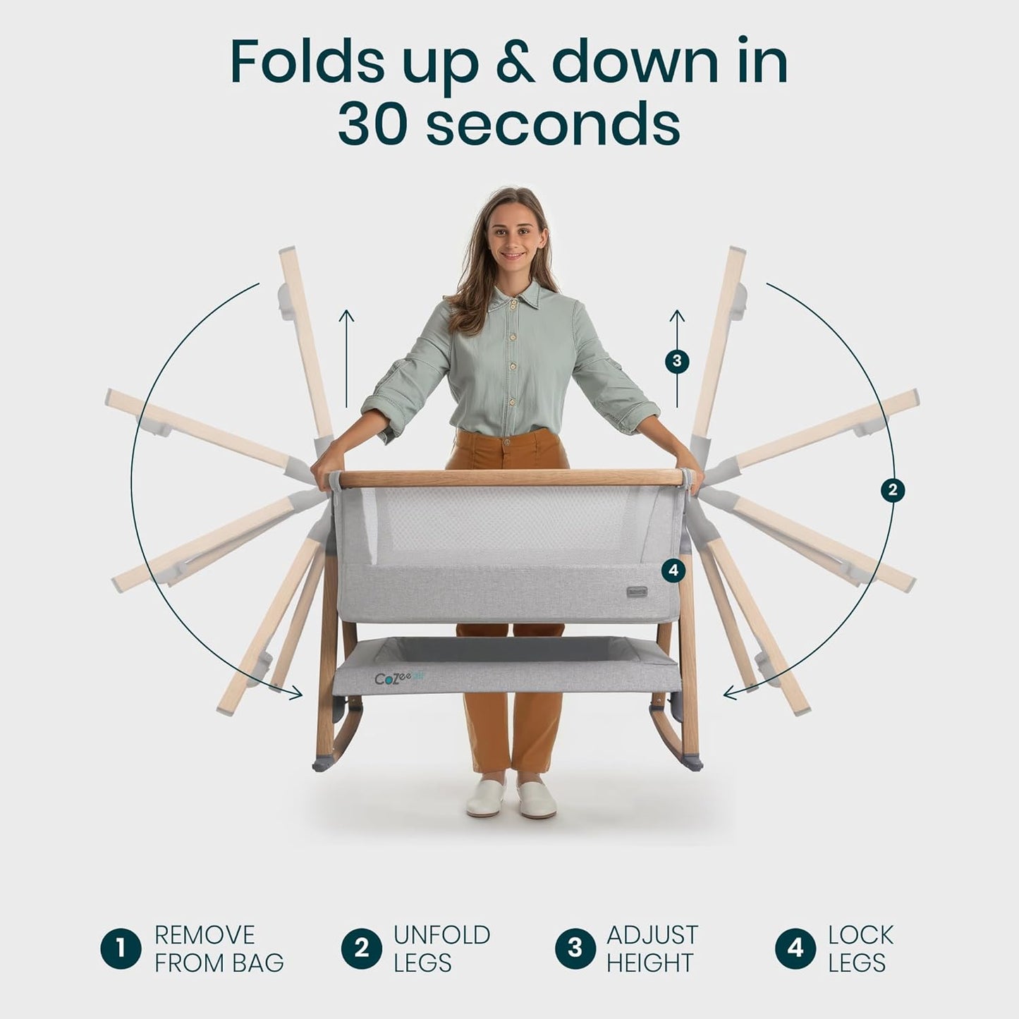 CoZee® Air Baby Bassinet & Bedside Sleeper - Rocking Bassinet for Baby, Fast-Folding with Travel Bag, Deluxe Airflow Mattress & 6 Mattress Heights, 0-6 Months (Silver & Oak)