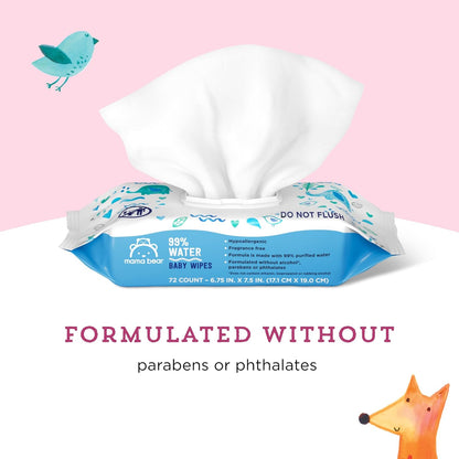 Amazon Brand - Mama Bear 99% Water Baby Wipes, Hypoallergenic, Fragrance Free, 72 Count