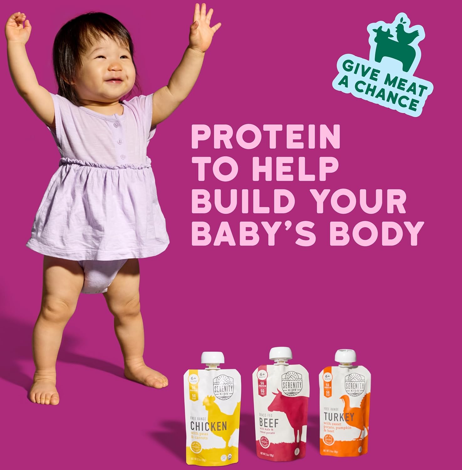 Serenity Kids 6+ Months Baby Food Pouches - Ethically Sourced Meat & Organic Veggies - High Protein