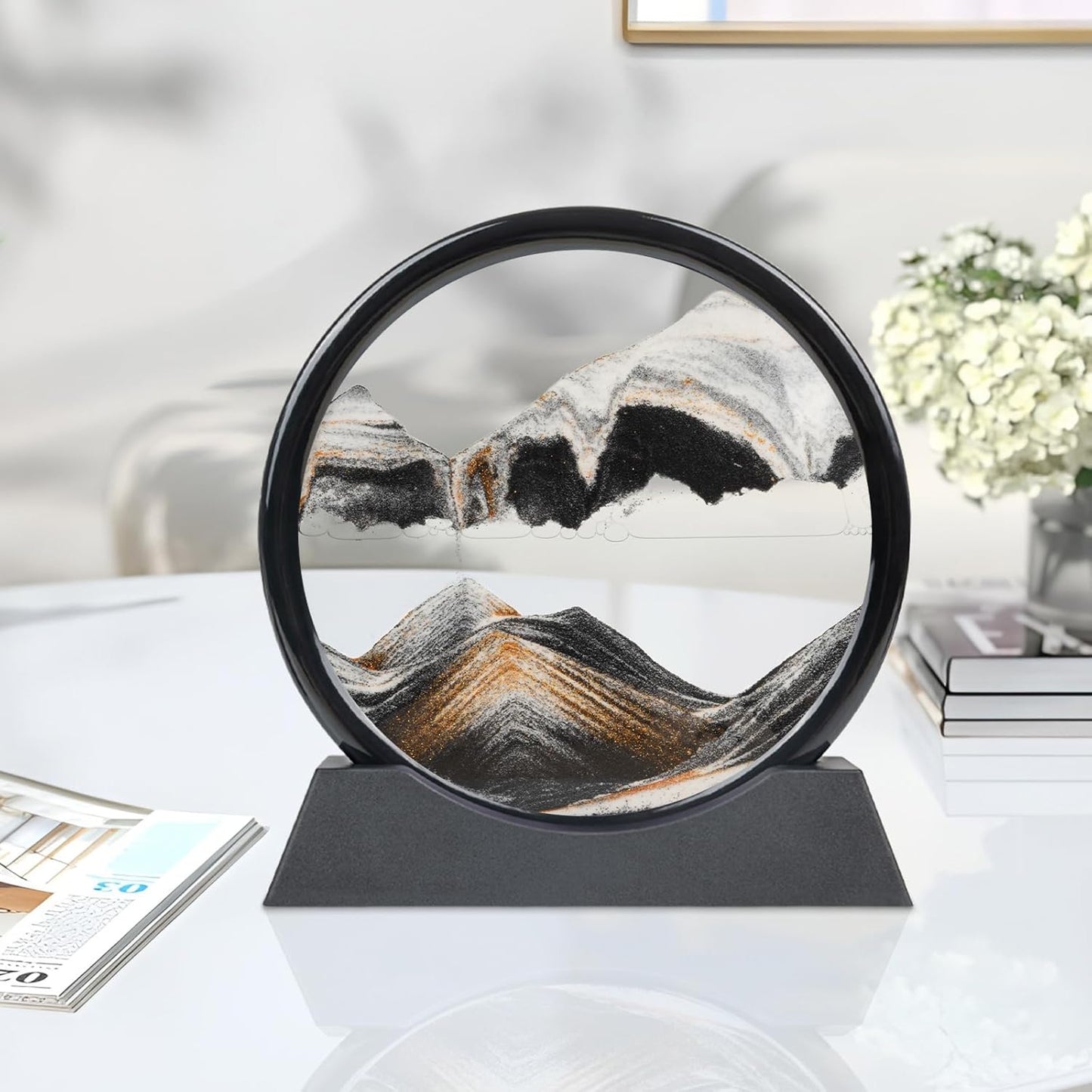 Drakswet Moving Sand Art Liquid Motion，Moving Sand Art Picture-3D Deep Sea Sandscape，Round Glass Frame Display Flowing Sand Relaxing Desktop Home Office Work Decor (Black)