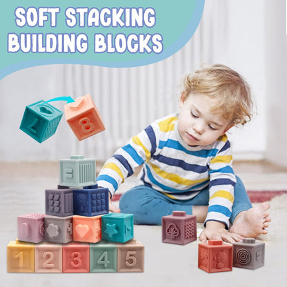 Montessori Toys for Babies 6-12 Months, Soft Baby Blocks Toys Set, 3 in 1 Infant Stacking Building