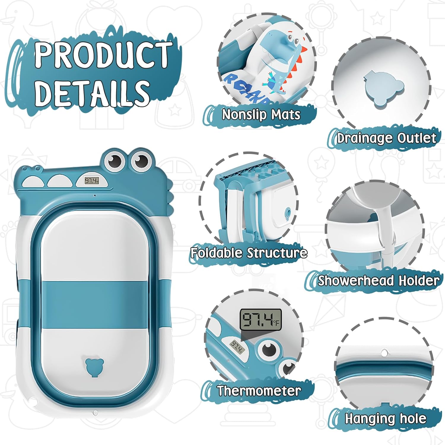MoreFeel Collapsible Baby Bathtub for Newborn with Thermometer & 1 Hooded Towel & 1 Soft Floating