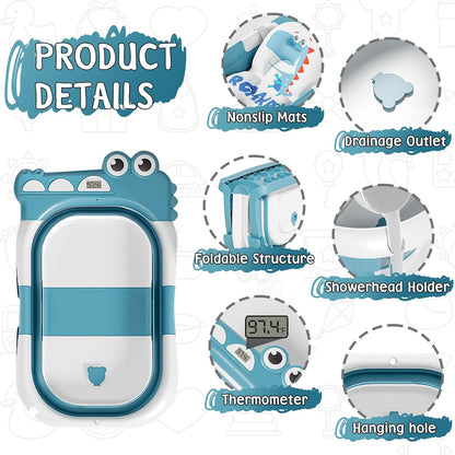 MoreFeel Collapsible Baby Bathtub for Newborn with Thermometer & 1 Hooded Towel & 1 Soft Floating