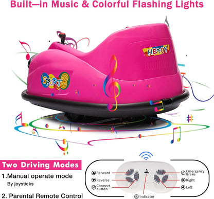 12V Bumper Car for Toddlers, Electric Toy Ride on Battery Car with Kids W/Parent Remote Control, 2-Speed, 360 Degree Spin, Music & LED Lights for Kids, Pink