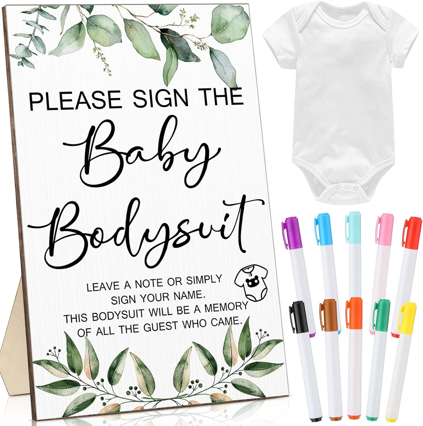Qunclay 12 Pcs Baby Bodysuit Baby Shower Game Include 1 Game Wooden Sign Tabletop Decor 1 White Blank Newborn Bodysuit 10 Fabric Marker for Gender Reveal Party(Greenery)