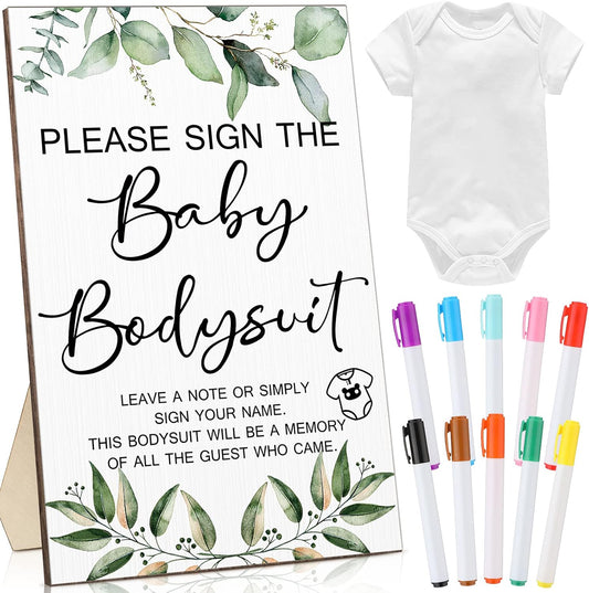 Qunclay 12 Pcs Baby Bodysuit Baby Shower Game Include 1 Game Wooden Sign Tabletop Decor 1 White Blank Newborn Bodysuit 10 Fabric Marker for Gender Reveal Party(Greenery)