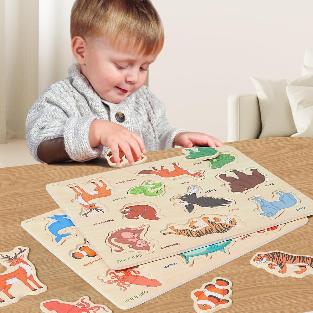 GRINNNIE Wooden Toddler Puzzle for Age 2 3 4 Years Old, 6 PCS Toddlers Learning Puzzle Set - Animal, Fruit, Sea Creature and Vehicle, Educational Toy Birthday for 3-5 Boys Girls