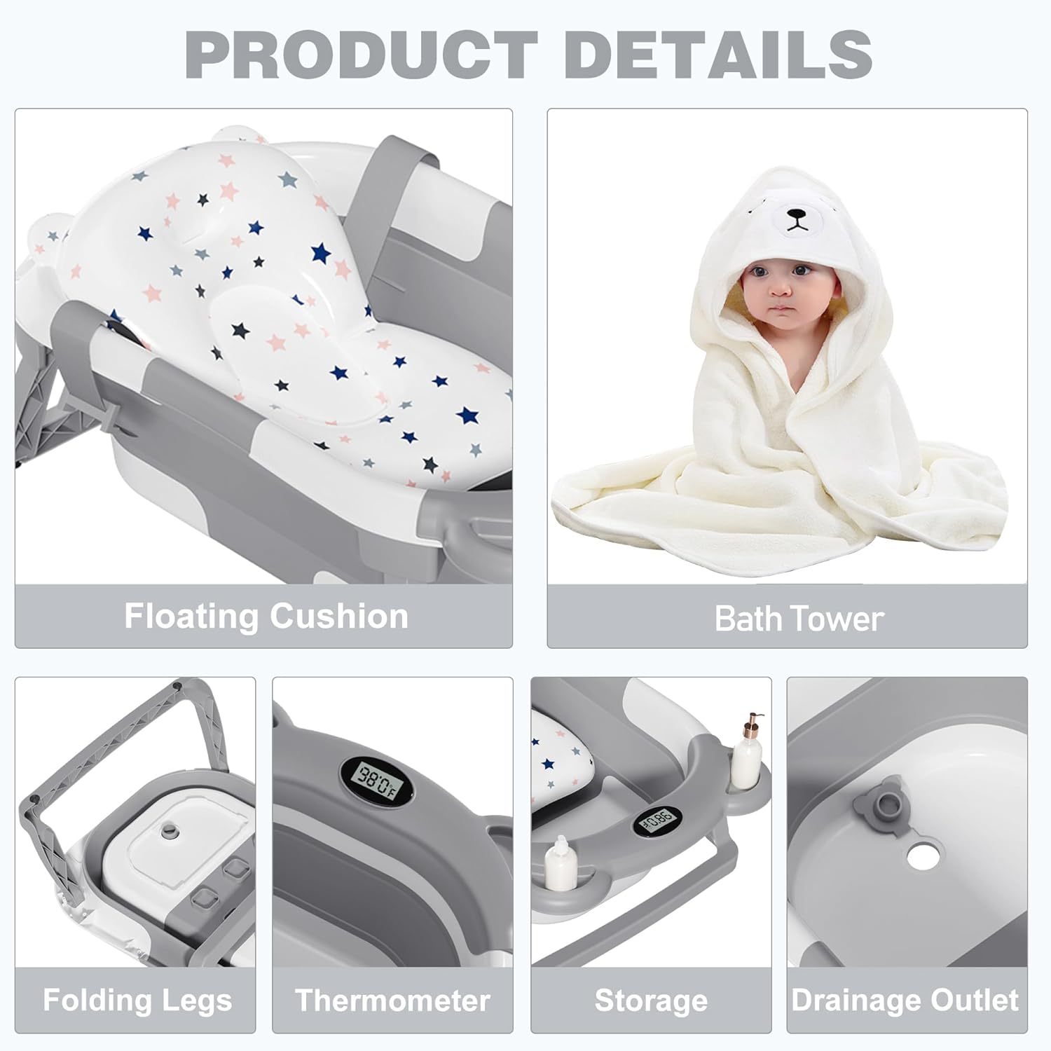 MoreFeel Collapsible Baby Bathtub for Newborn with Thermometer & 1 Hooded Towel & 1 Soft Floating