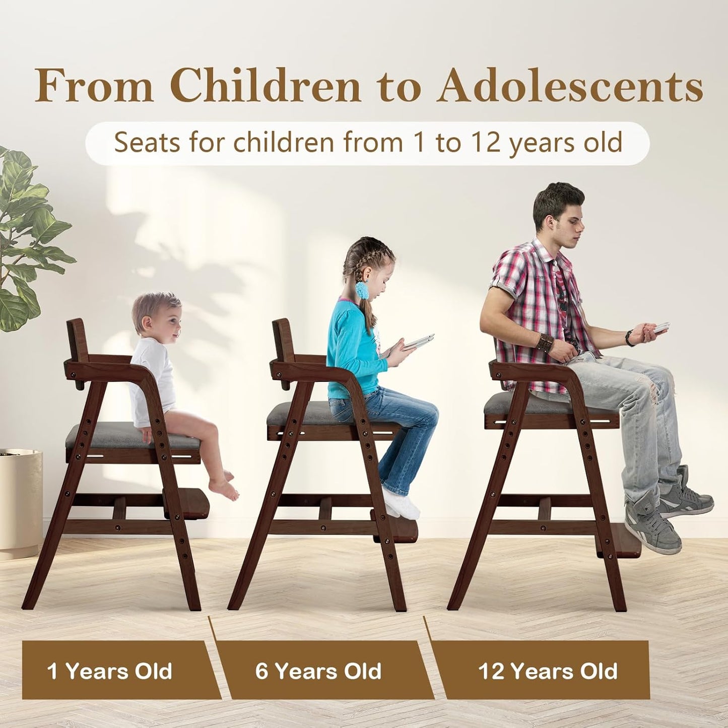 Solid Wood High Chair for Toddlers to Teens, Adjustable Height Toddler Dining Chair, Easy to Clean