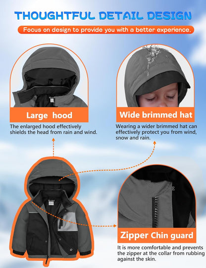 GEMYSE Toddler Boys Winter Coat Waterproof Ski Snow Jacket with Hood Thicken Warm Baby Jacket Outerwear