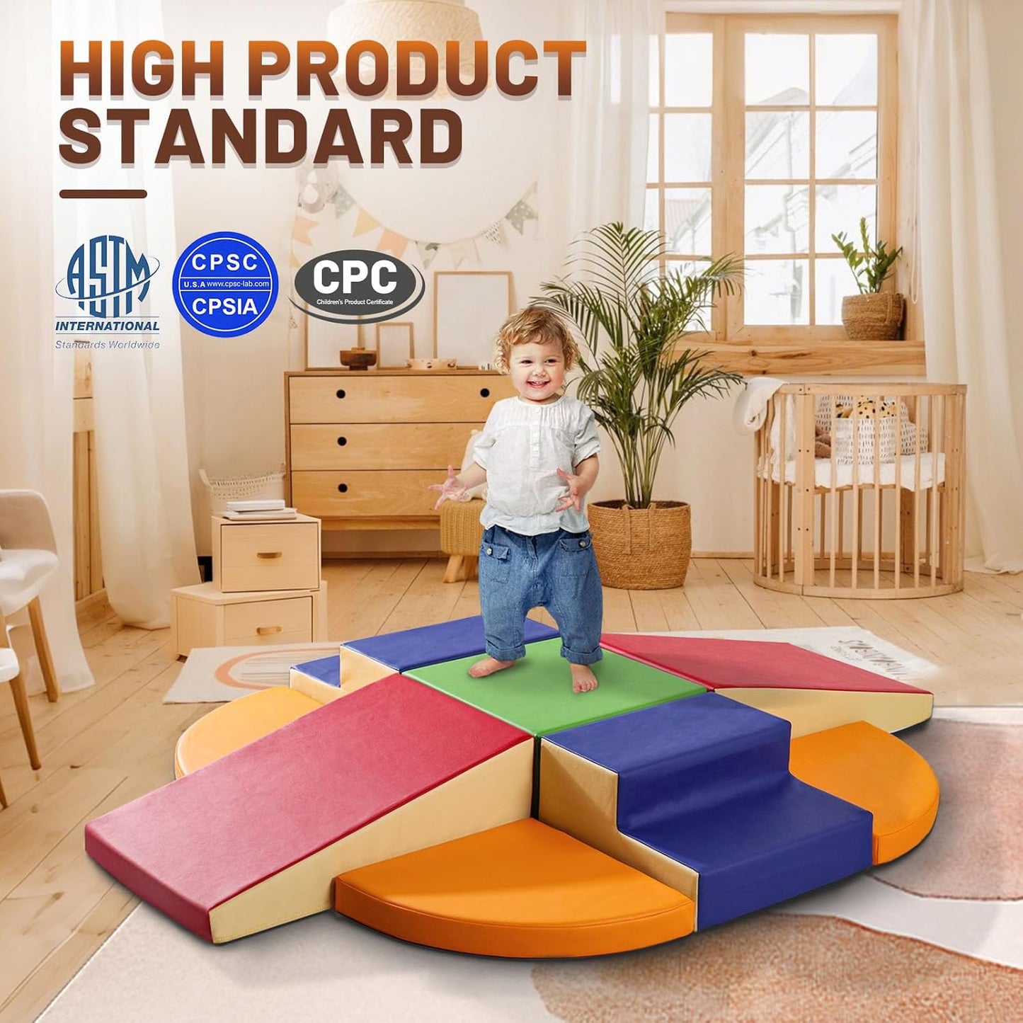 9-Piece Climbing Foam Blocks: Soft PU Leather - Baby Climb and Crawl Activity Blocks - Kids Play Gym Equipment Indoor for Development