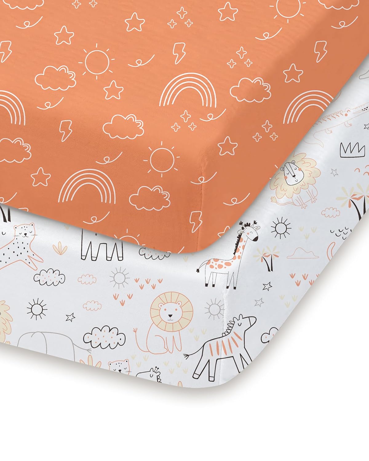 Pack and Play Sheets Fitted, Ultra Soft Orange Cloud and Rainbow Design, Breathable and Soothing