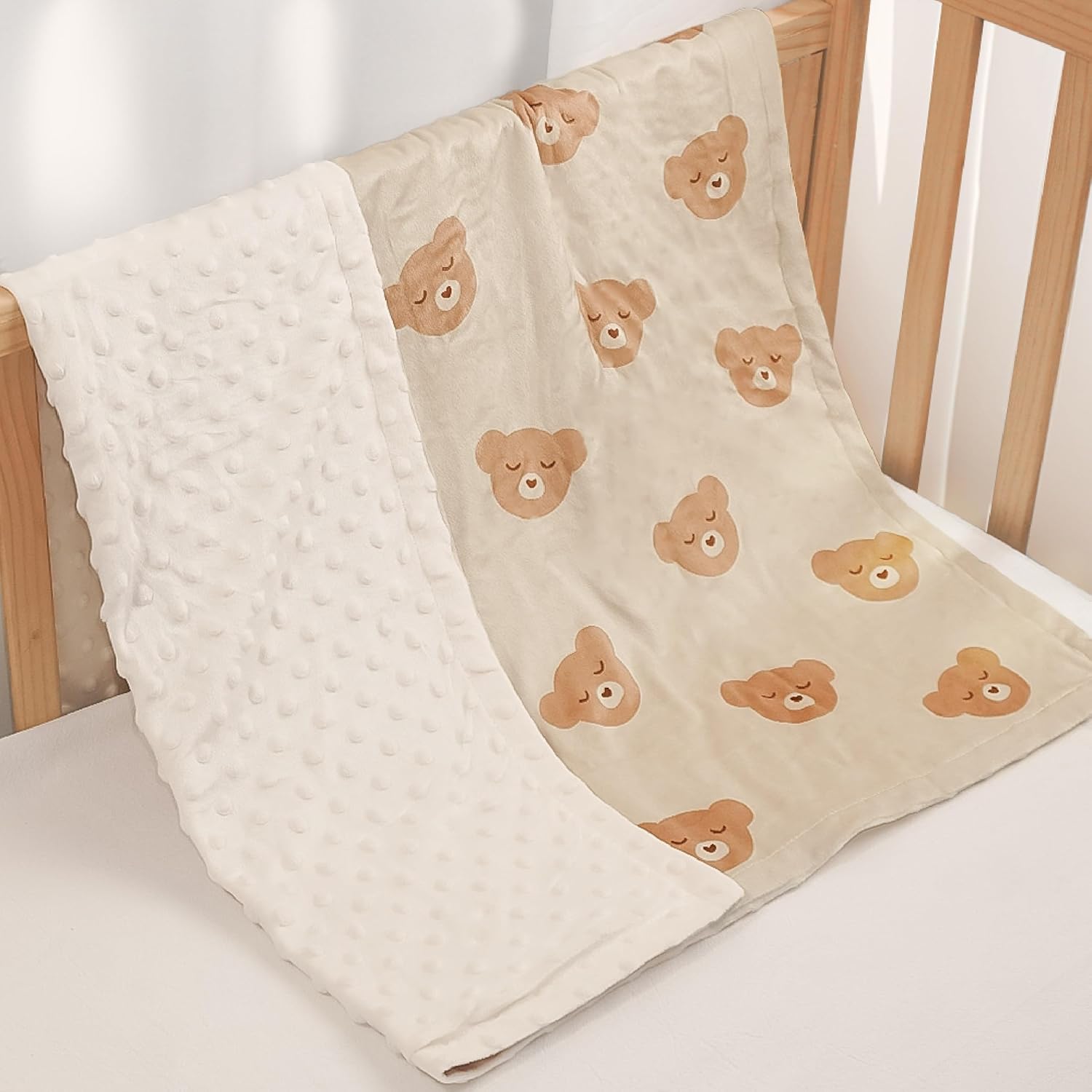 Bear Minky Baby Blanket 30 x 40 Inches for Boys Girls, Soft Plush Receiving Blanket with Dotted