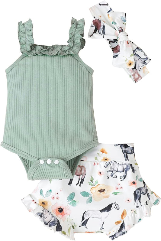 fhutpw Baby Girl Clothes Summer Cute Outfits 3 6 12 18 Months Spaghetti Strap Romper & Floarl Shorts Sets