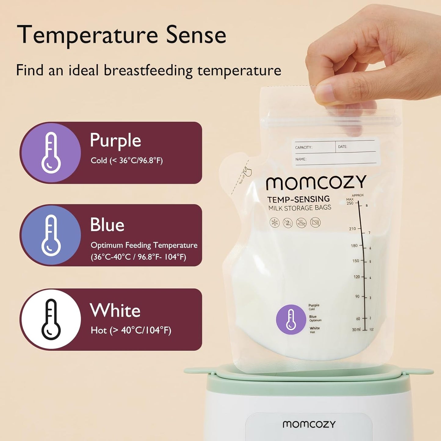 Momcozy Easy Pour Breastmilk Storage Bag, 8Oz, Temp-Sensing Color Change, 60 Count Milk Bag with